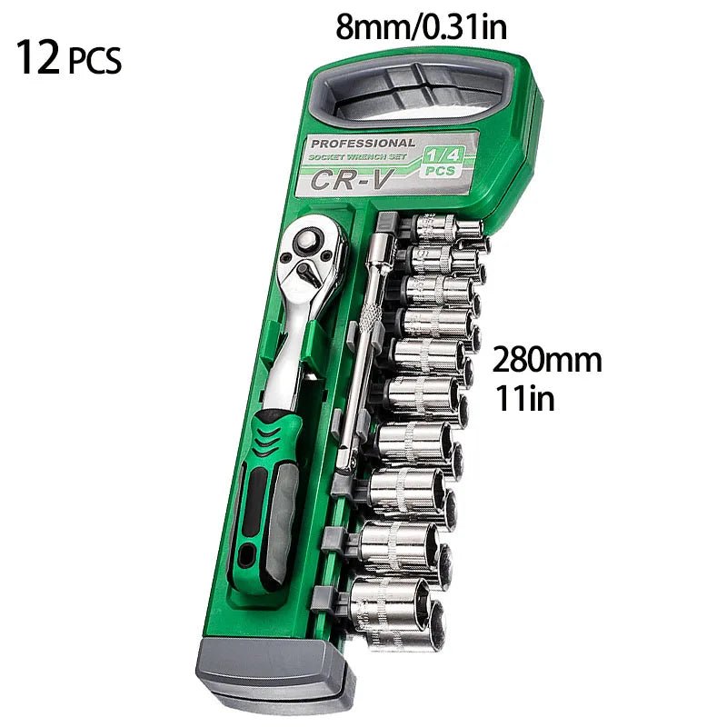 72 Tooth12 Piece Ratchet Wrench Socket Set 1/4 "-3/8" -1/2 " Quick Release Reversible Handle Used for Automotive Maintenance